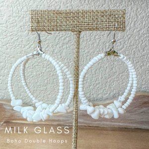 EVC Vintage Summer Boho Milk Glass Chip Double Hoop Earrings 2” Diameter